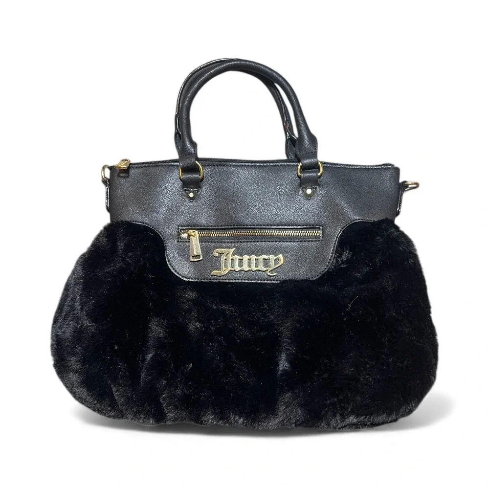 Juicy‎ Couture Black Faux Fur Satchel Handbag Gold Logo Detachable Strap Fluffy